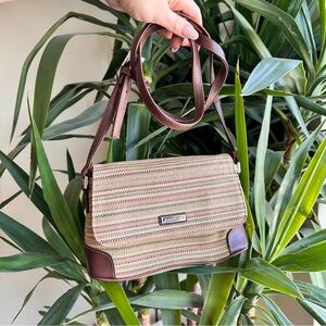 Rosetti Beige Straw Woven Summer Crossbody with Brown Leather Trim